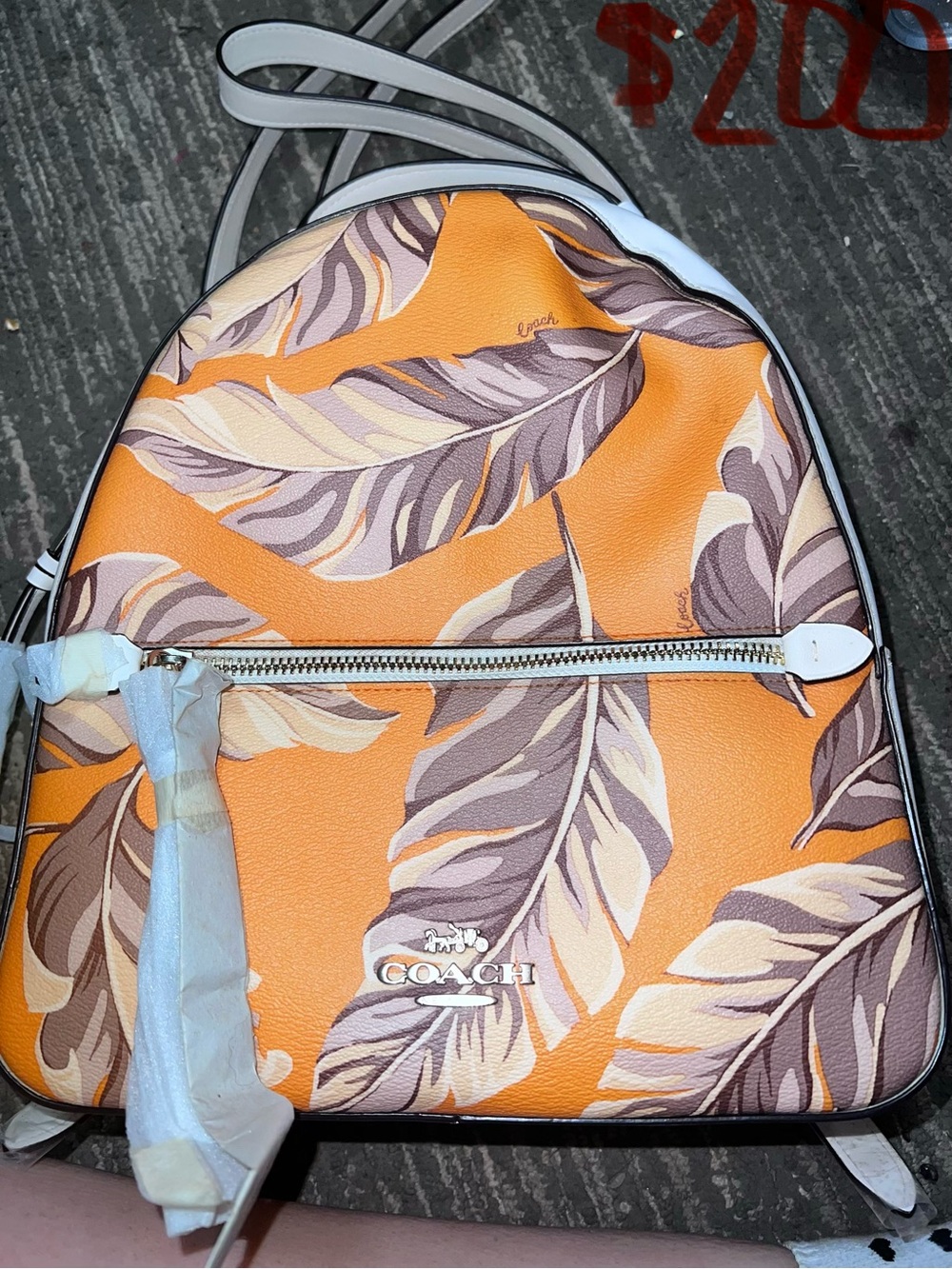Coach Orange Leaf Print Backpack with White Trim